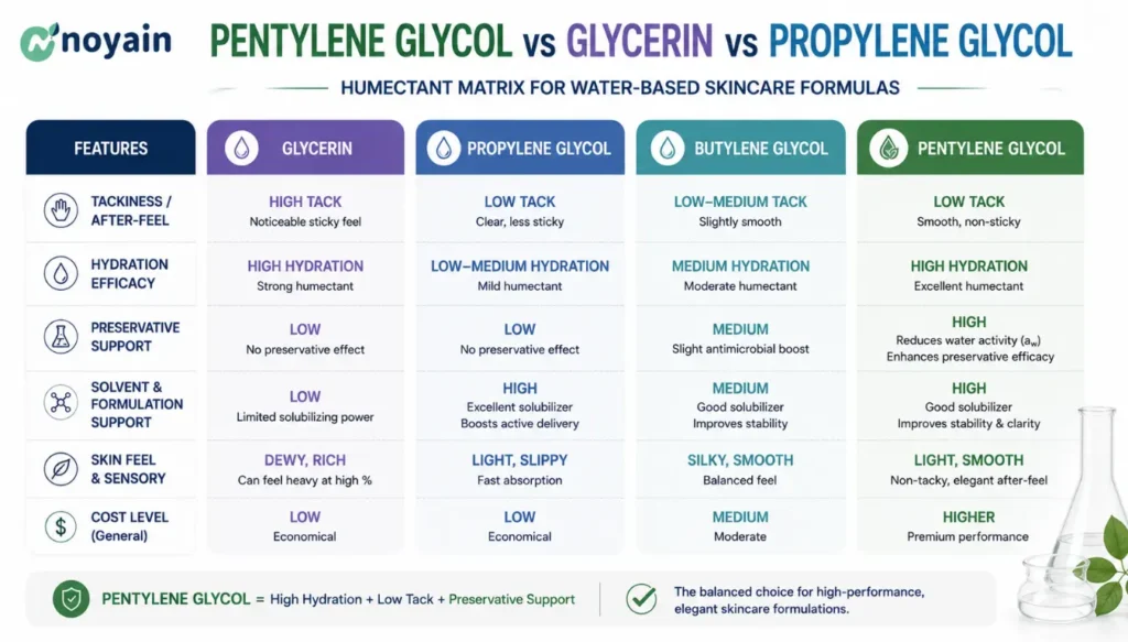 Pentylene Glycol vs Glycerin vs Propylene Glycol Humectant Matrix