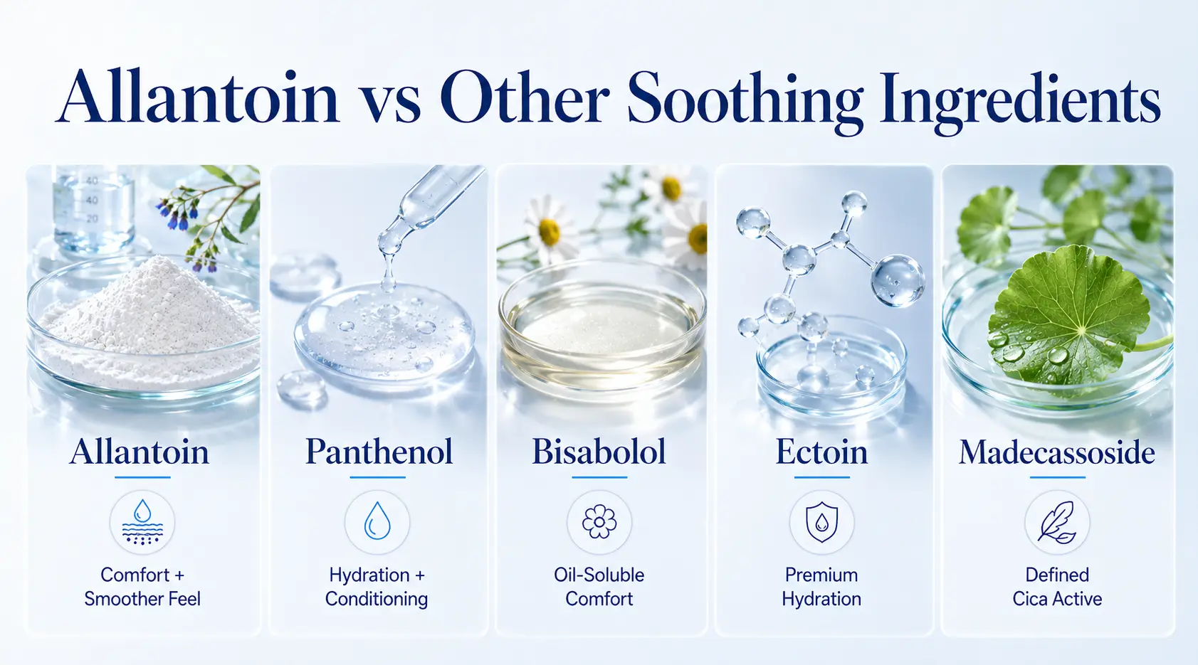 Allantoin compared with panthenol, bisabolol, ectoin and madecassoside for cosmetic formulation