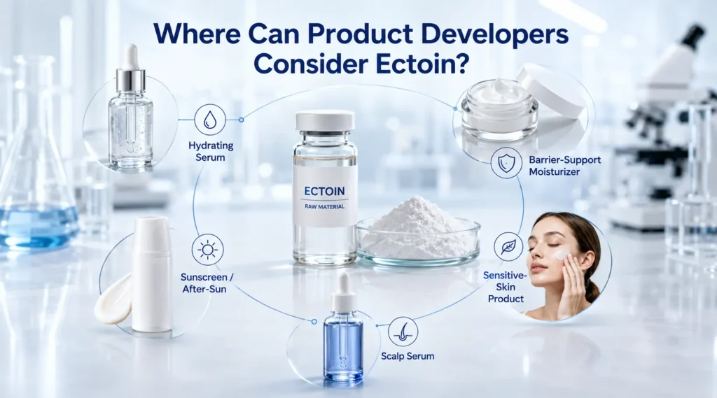 Ectoin skincare product development matrix for serum moisturizer sunscreen and scalp care.