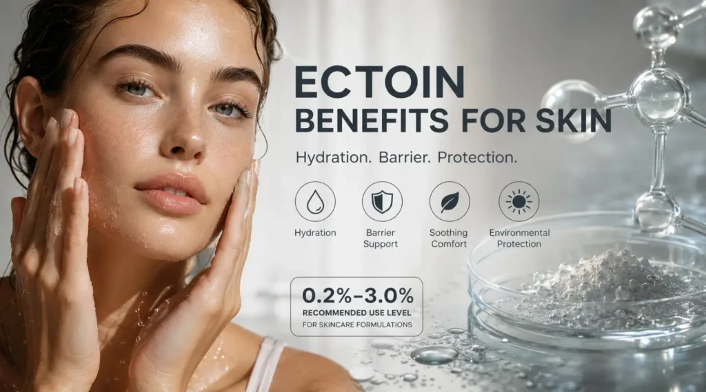 Ectoin skin benefits and evidence strength for hydration barrier support comfort and environmental stress.