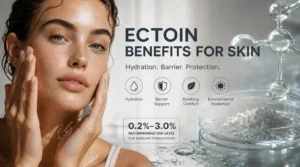 Ectoin skin benefits and evidence strength for hydration barrier support comfort and environmental stress.
