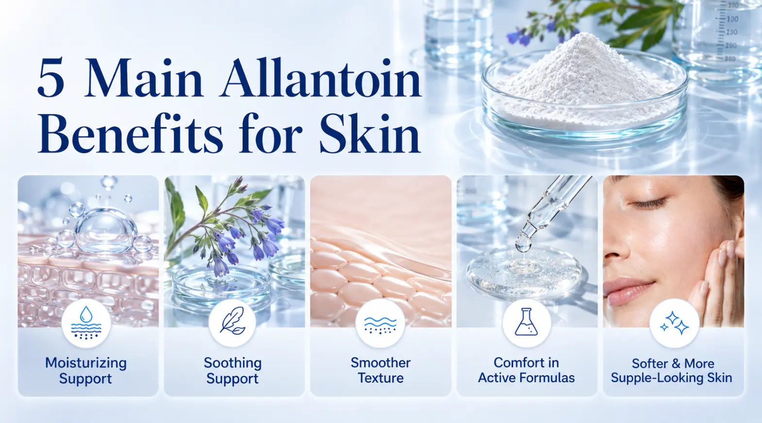 Five main allantoin skin benefits including moisturizing, soothing and smoother-looking skin