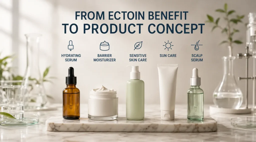 Ectoin benefits mapped to hydrating serum barrier moisturizer sensitive skin and sun care product concepts.