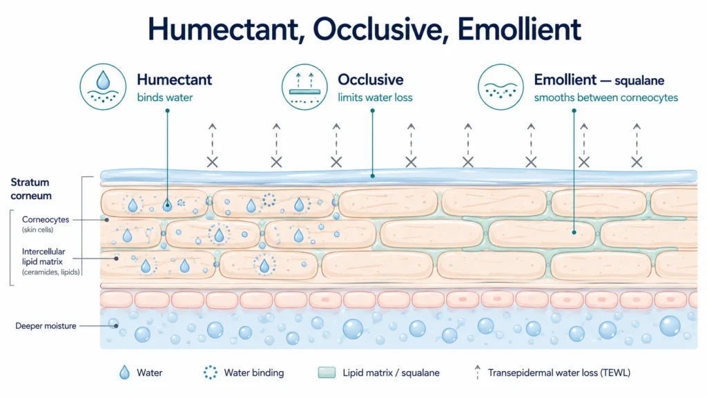 Humectant, Occlusive, Emollient
