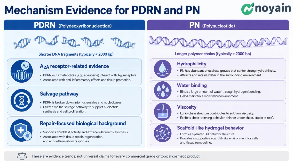 Scientific comparison of PDRN mechanism evidence and PN hydrophilicity, water binding, viscosity and scaffold-like behavior.