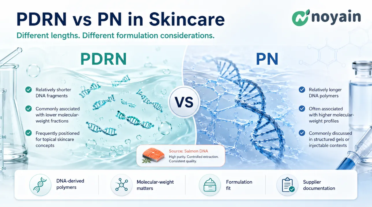 PDRN vs PN in skincare showing relatively shorter PDRN DNA fragments and longer PN DNA polymers.