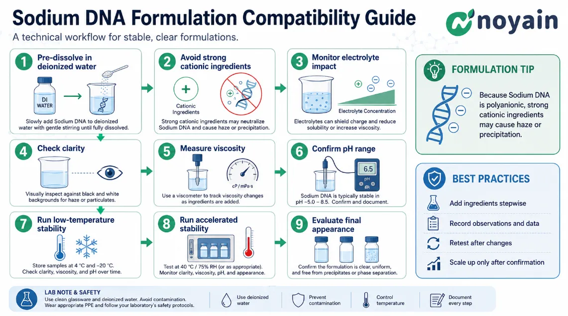 Sodium DNA formulation compatibility workflow covering pre-dissolution, cationic ingredients, electrolytes, clarity, viscosity, pH and stability testing.