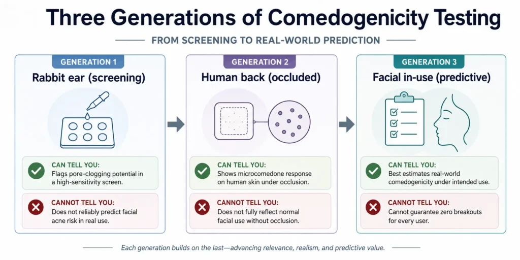 Three Generations of Comedogenicity Testing