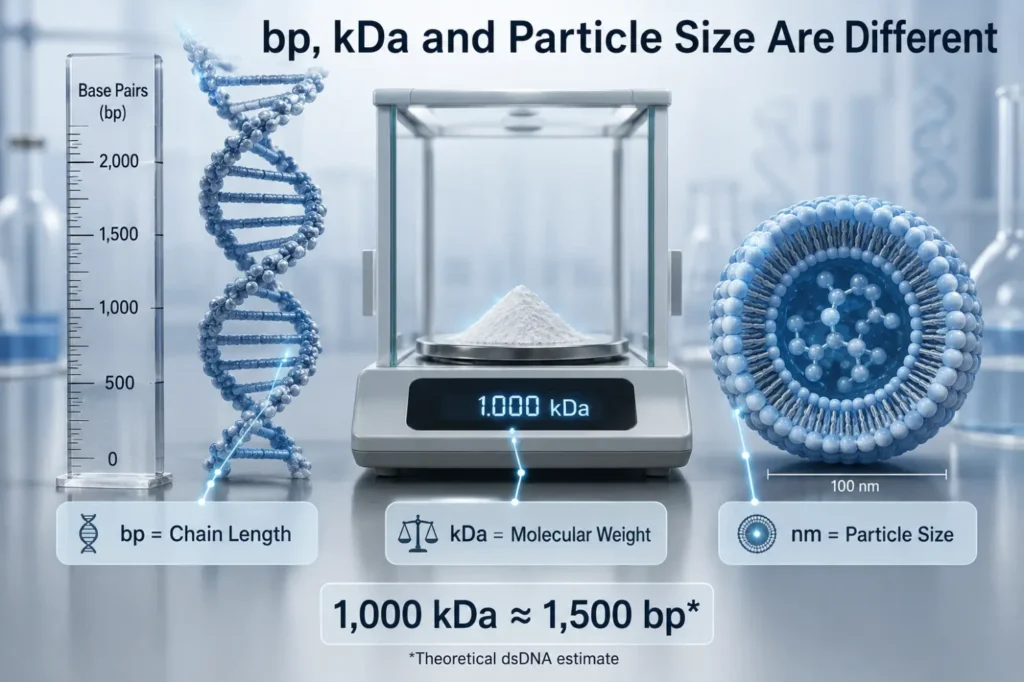 bp, kDa and Particle Size Are Different Visual concept