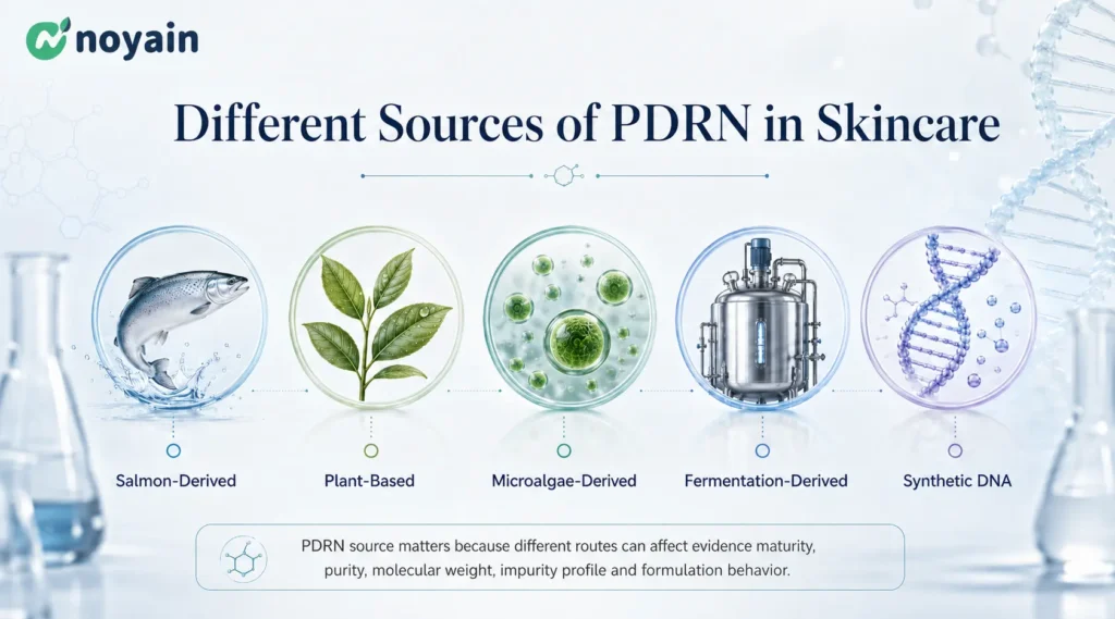 Infographic showing salmon-derived PDRN, plant-based PDRN, microalgae-derived PDRN, fermentation-derived PDRN and synthetic DNA fragments for skincare ingredients.