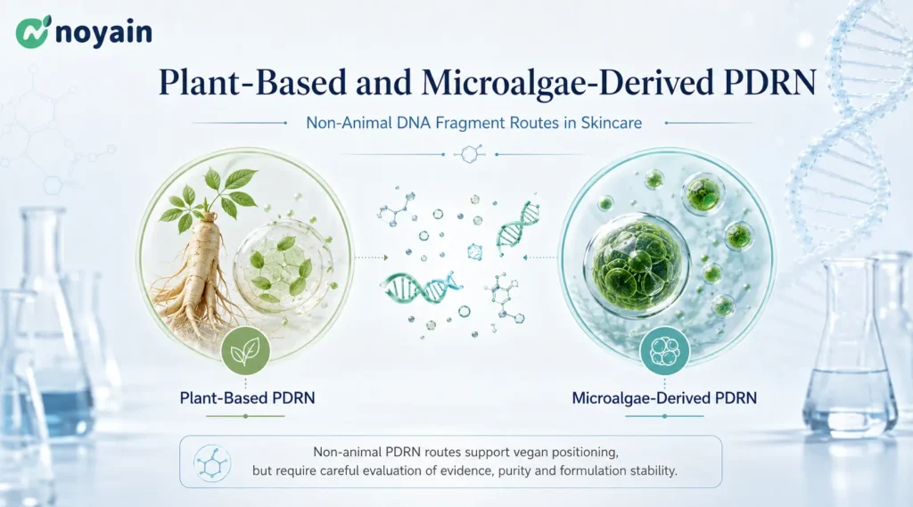 Scientific illustration of plant-based PDRN and microalgae-derived PDRN as non-animal DNA fragment sources for skincare.