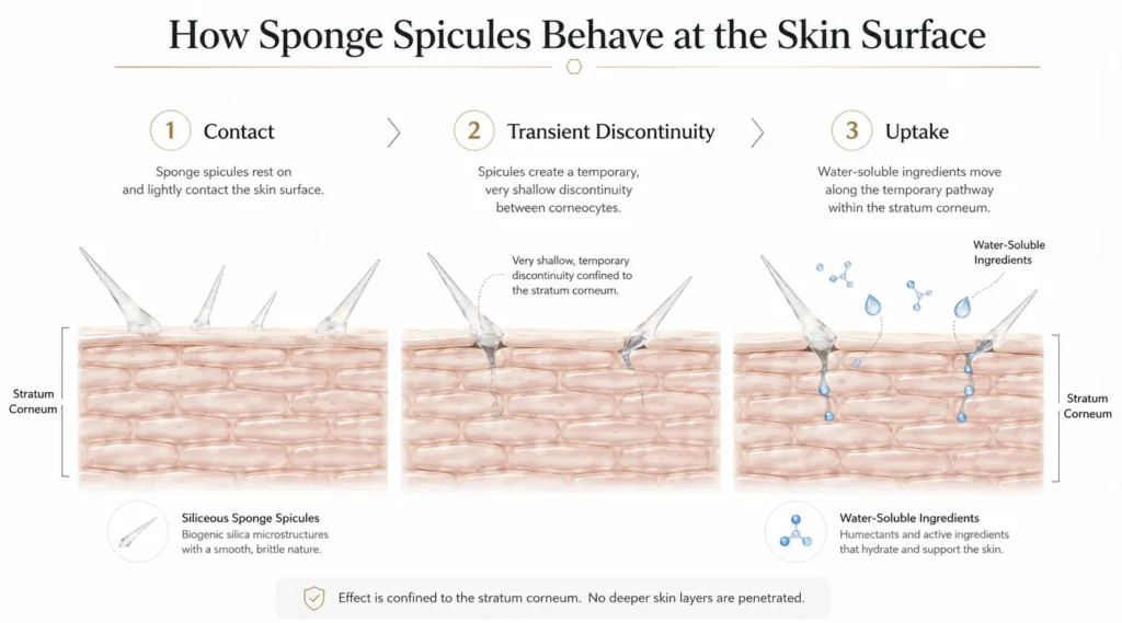 How Sponge Spicules Behave at the Skin Surface