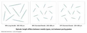 Spicule length differs between needle types, not between purity grades